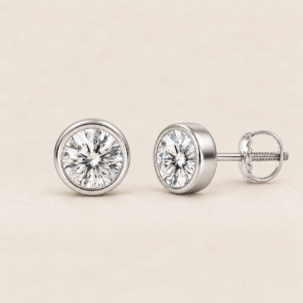 Round lab-grown diamond stud earrings, 14K white gold, 1.5 CT total weight per pair, bezel setting with screw backs