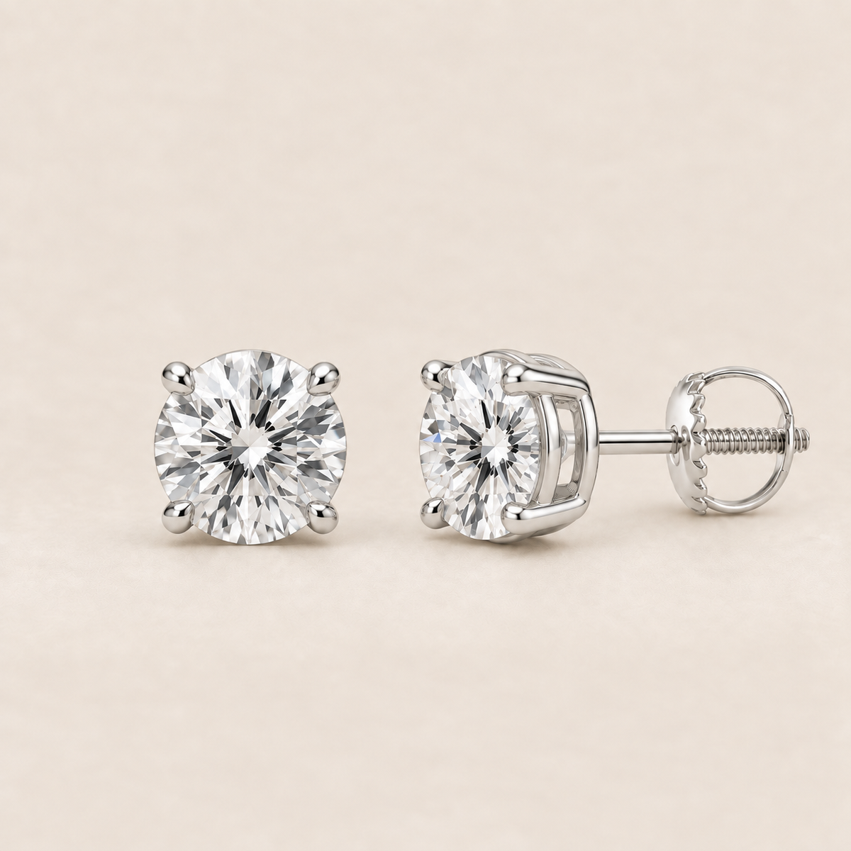 Round lab-grown diamond stud earrings, 14K white gold, 1.5 CT total weight per pair, classic setting with screw backs