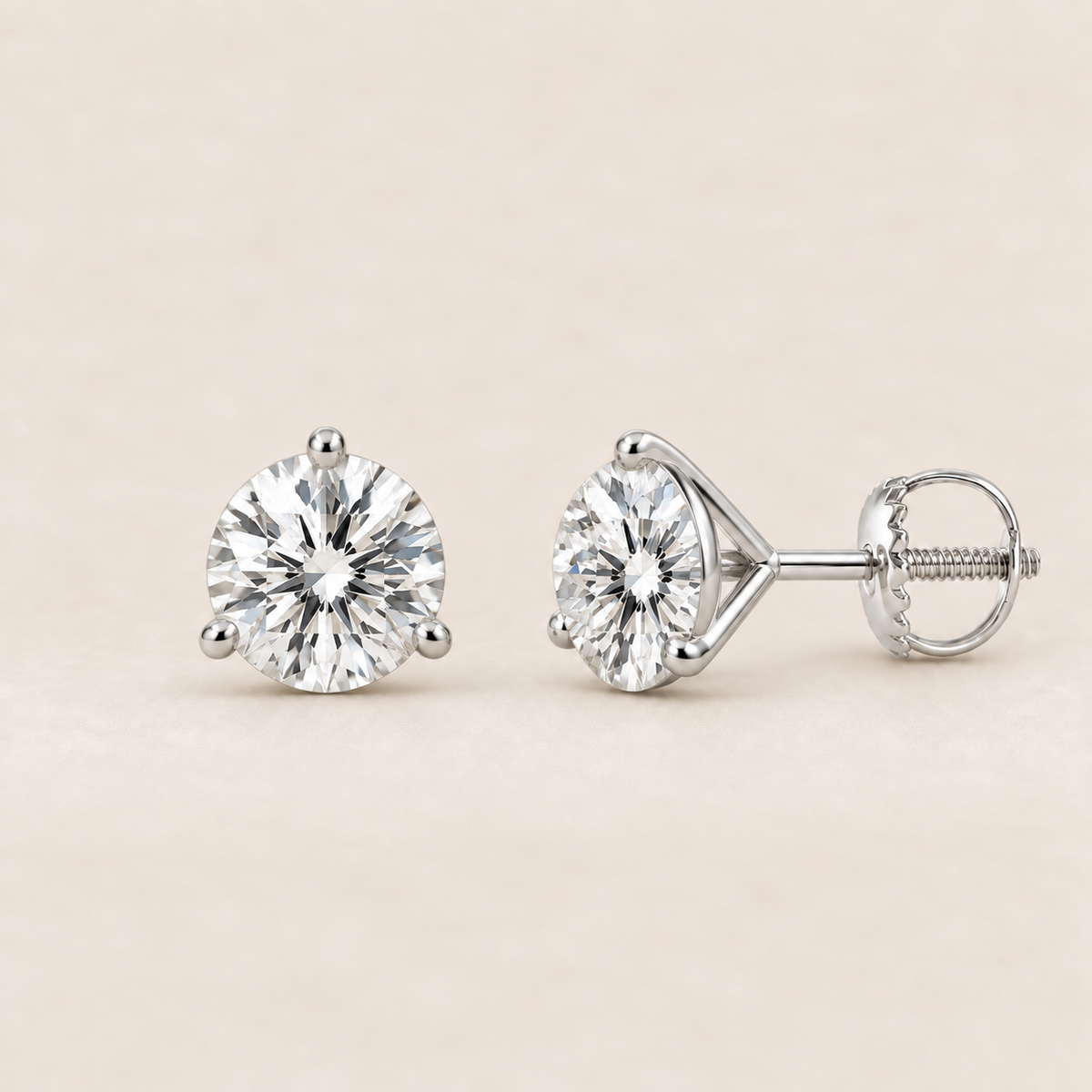 Round lab-grown diamond stud earrings, 14K white gold, 1.5 CT total weight per pair, martini setting with screw backs