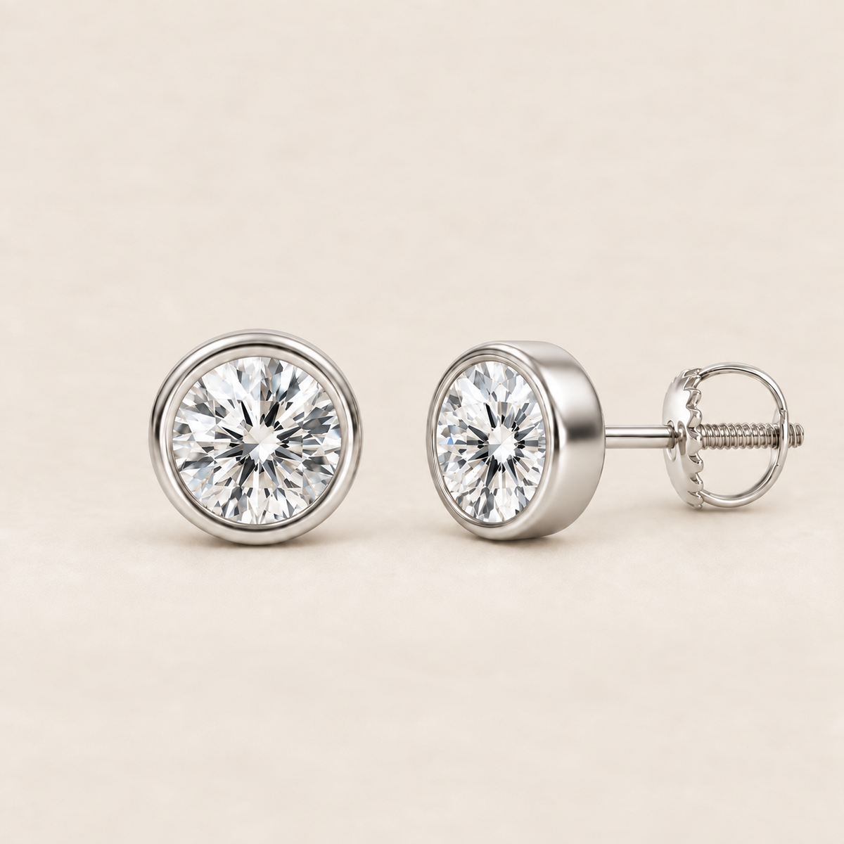 Round lab-grown diamond stud earrings, 14K white gold, 2 CT total weight per pair, bezel setting with screw backs