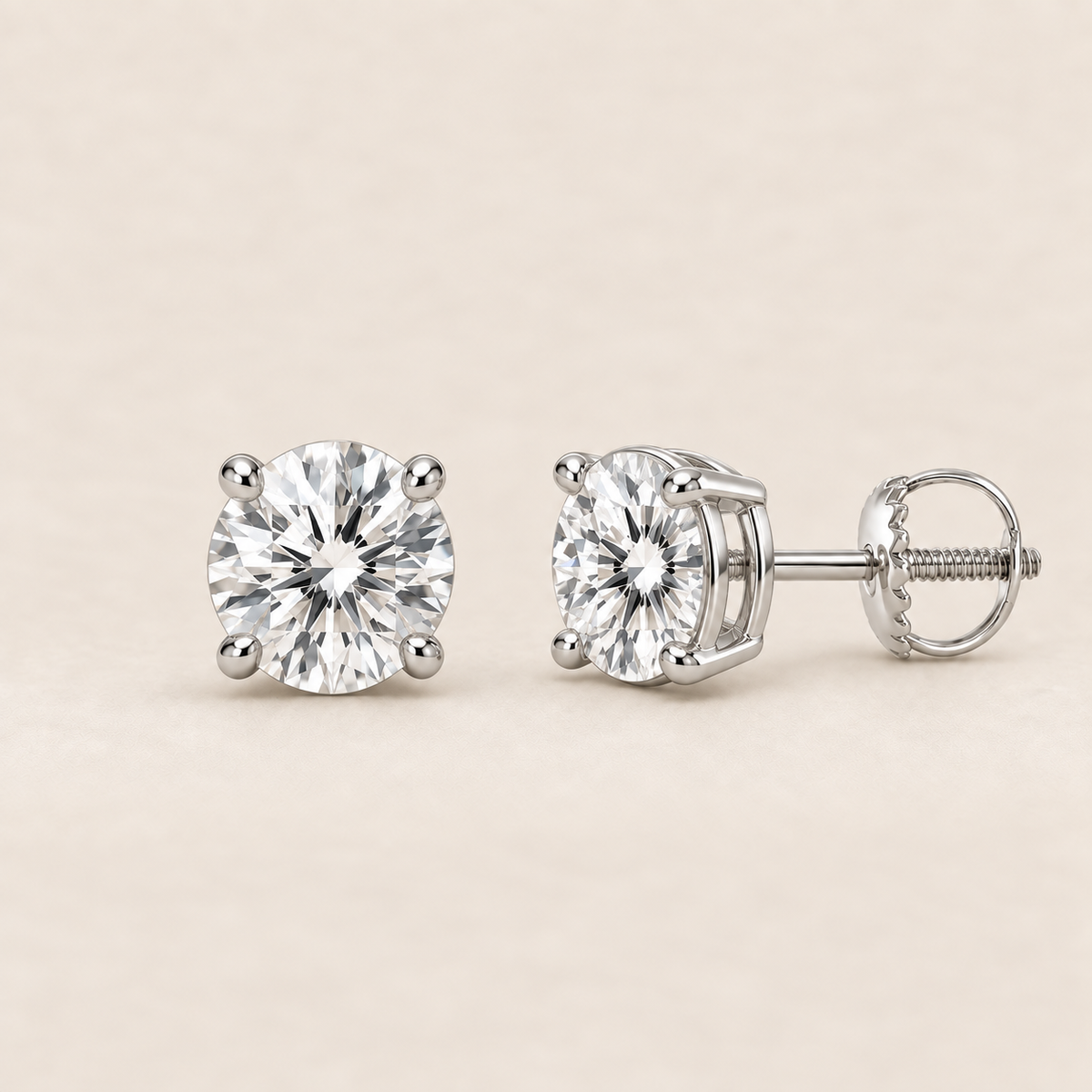 Round lab-grown diamond stud earrings, 14K white gold, 2 CT total weight per pair, classic setting with screw backs