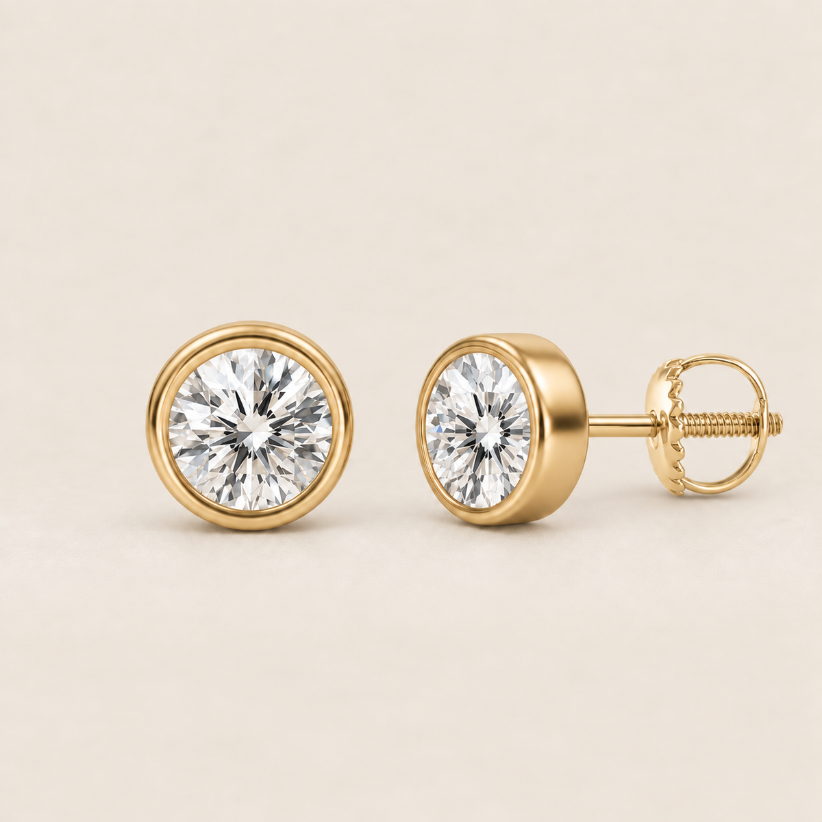 Round lab-grown diamond stud earrings, 14K yellow gold, 1 CT total weight per pair, bezel setting with screw backs