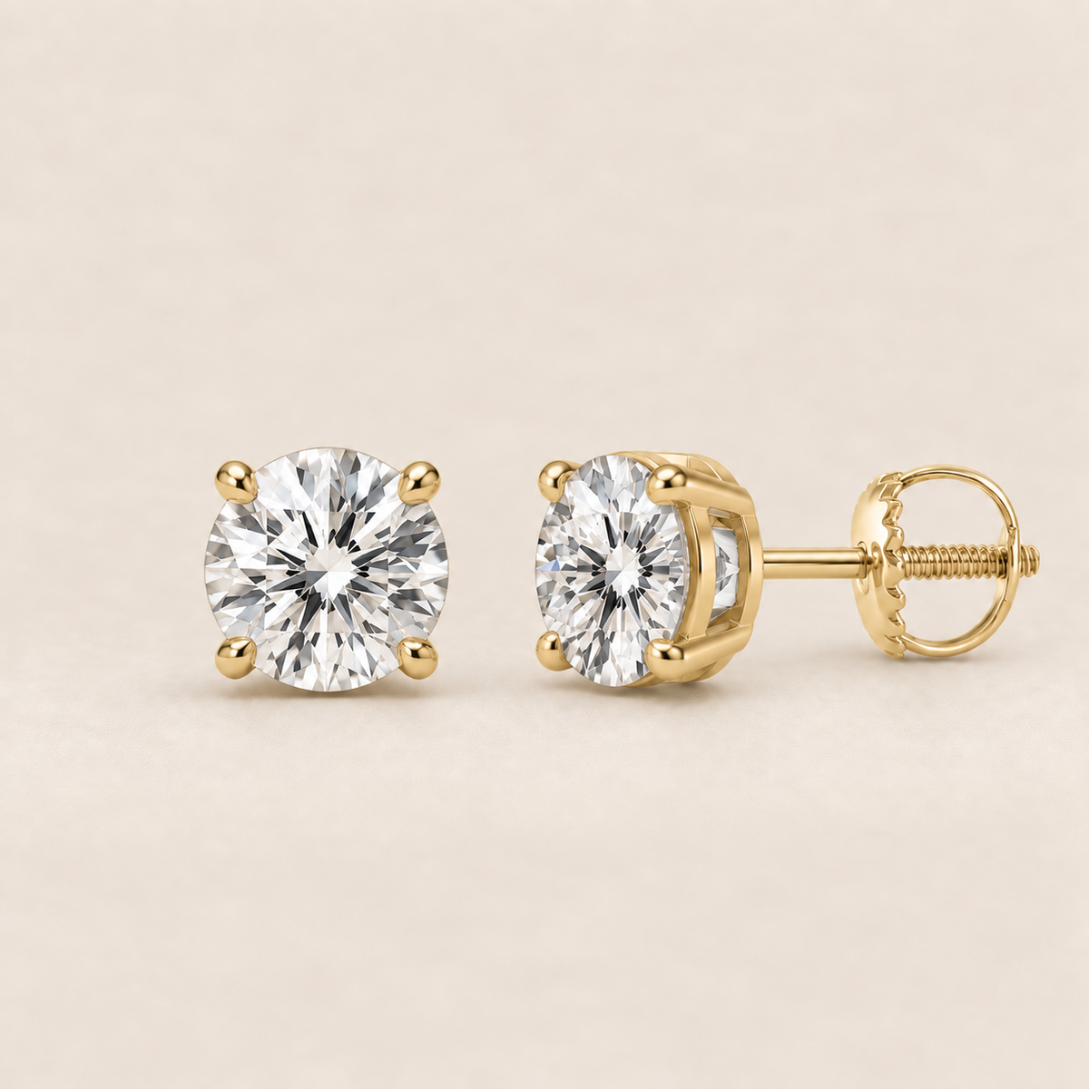 Round lab-grown diamond stud earrings, 14K yellow gold, 1 CT total weight per pair, classic setting with screw backs