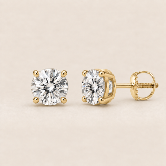 Round lab-grown diamond stud earrings, 14K yellow gold, 1 CT total weight per pair, classic setting with screw backs