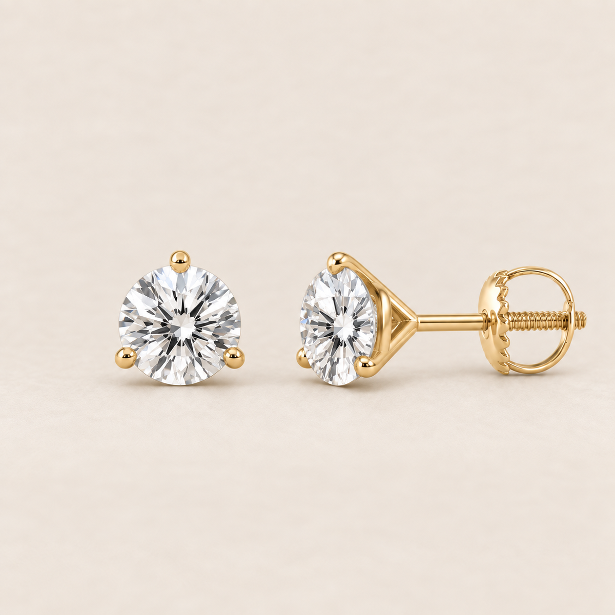 Round lab-grown diamond stud earrings, 14K yellow gold, 1 CT total weight per pair, martini setting with screw backs