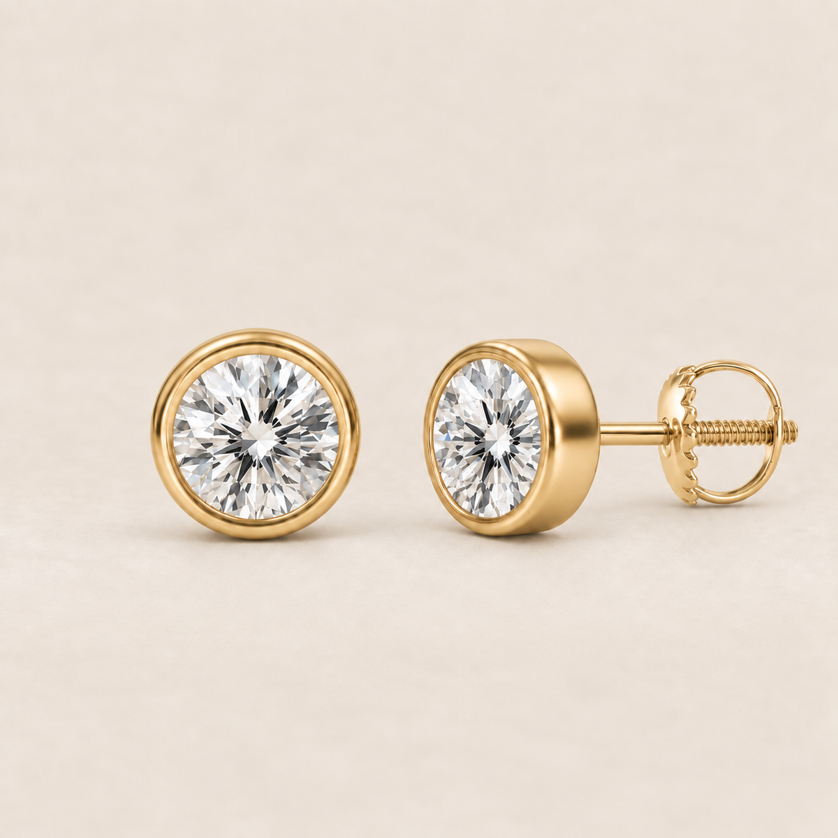 Round lab-grown diamond stud earrings, 14K yellow gold, 1.5 CT total weight per pair, bezel setting with screw backs