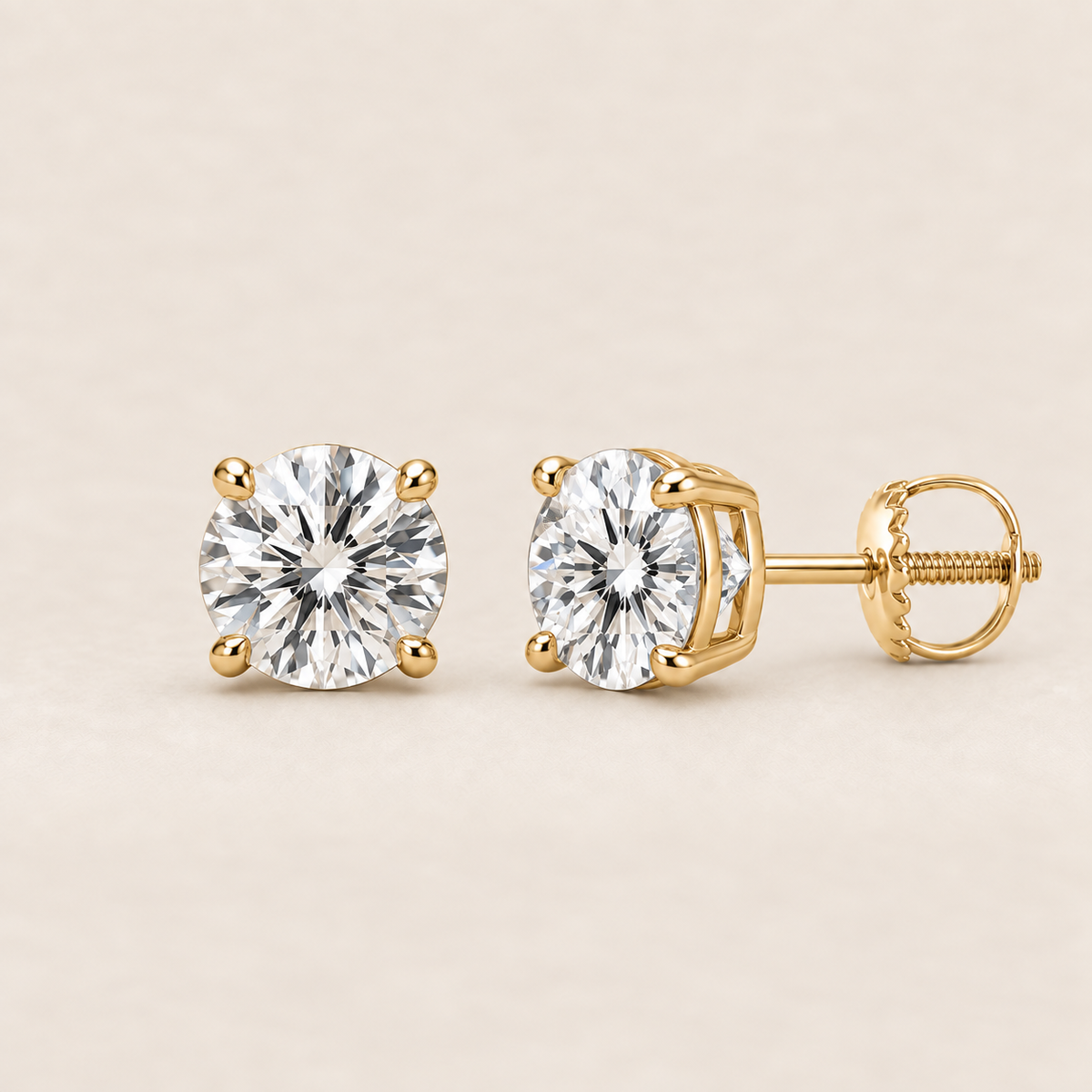 Round lab-grown diamond stud earrings, 14K yellow gold, 1.5 CT total weight per pair, classic setting with screw backs