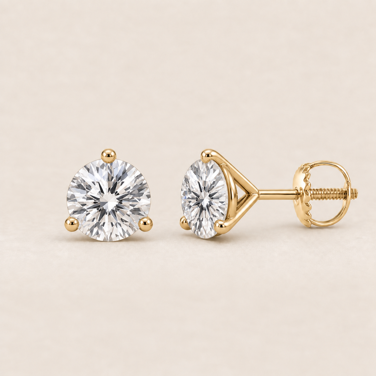Round lab-grown diamond stud earrings, 14K yellow gold, 1.5 CT total weight per pair, martini setting with screw backs