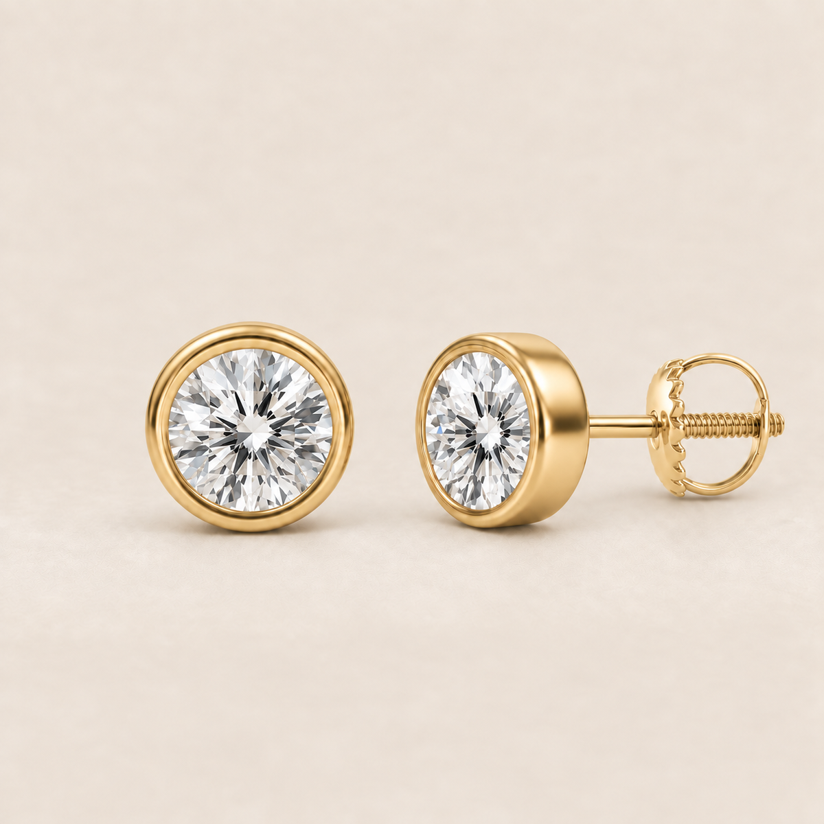 Round lab-grown diamond stud earrings, 14K yellow gold, 2 CT total weight per pair, bezel setting with screw backs