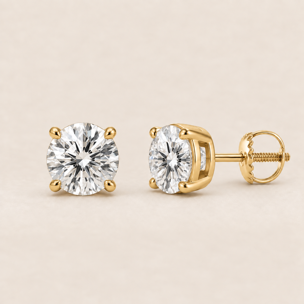Round lab-grown diamond stud earrings, 14K yellow gold, 2 CT total weight per pair, classic setting with screw backs