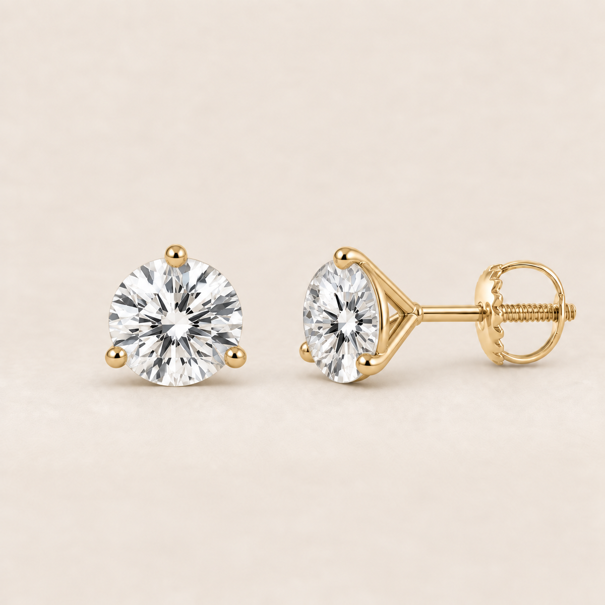 Round lab-grown diamond stud earrings, 14K yellow gold, 2 CT total weight per pair, martini setting with screw backs